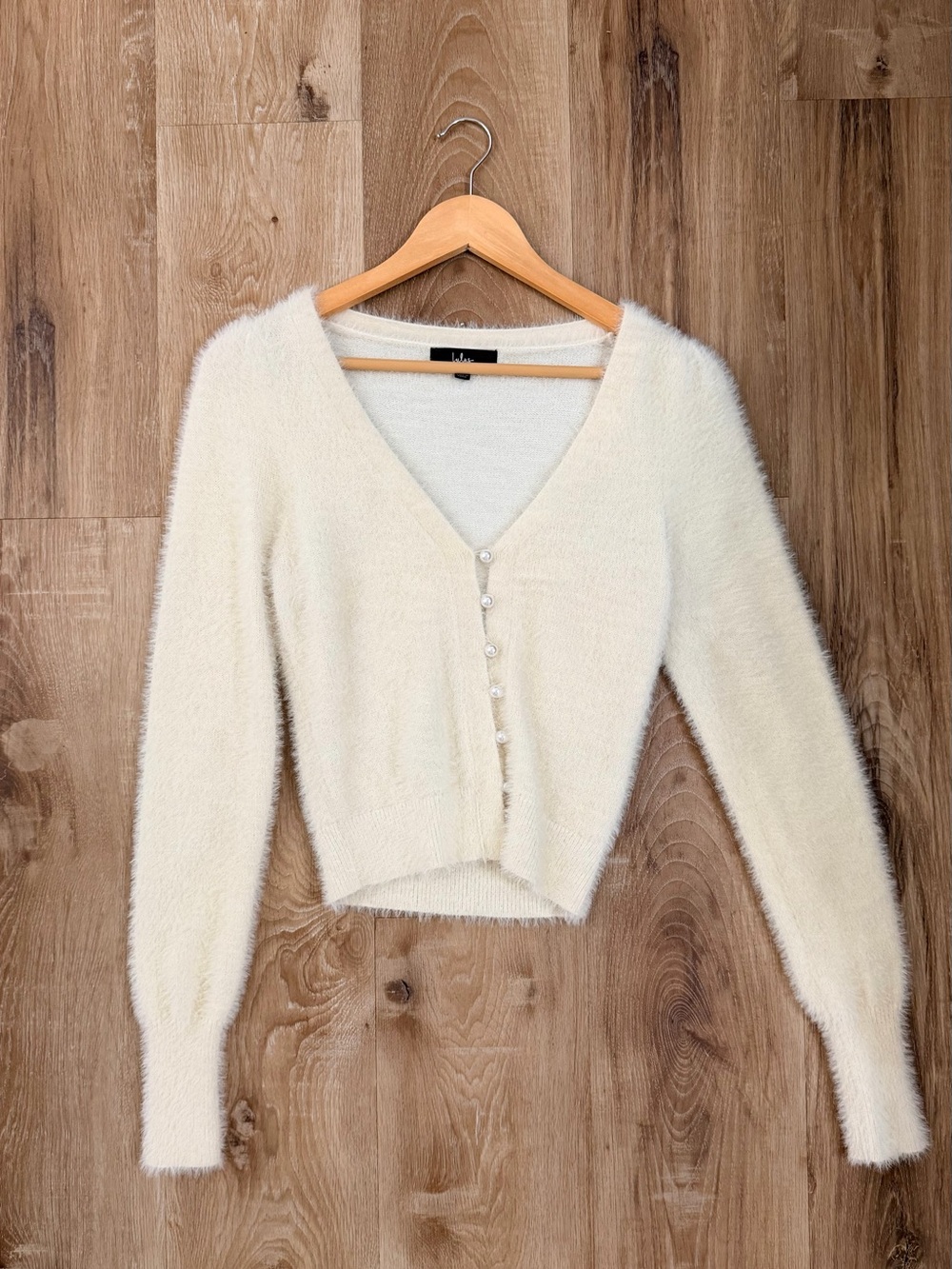 Lulu's Cream Fuzzy V-Neck Button-Up Cardigan